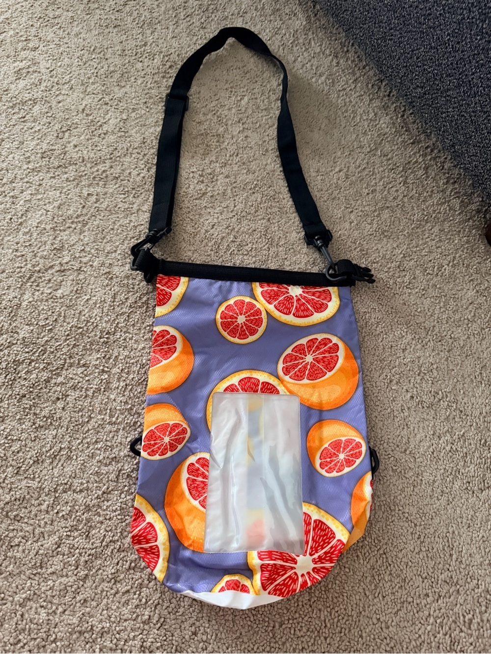 Crossbody Water Bottle Pouch Bag in Purple with Citrus Print - Picture 2 of 8